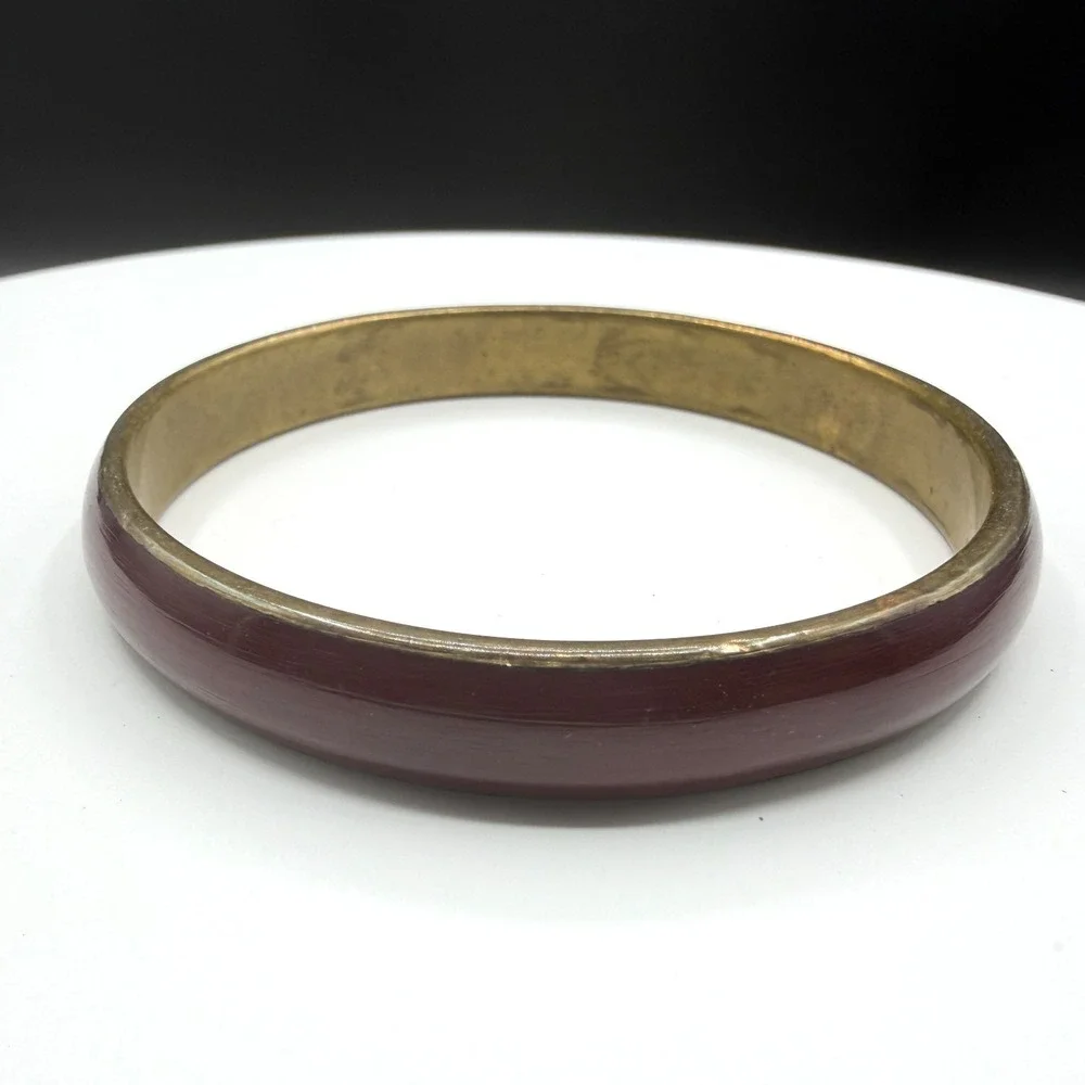 Burgundy Red Enamel Gold Tone Bangle Bracelet Stackable Boho Minimalist Gift